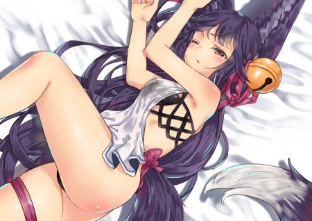 agnamore animal ears ass bell bikini blush foxgirl garter granblue fantasy long hair purple eyes purple hair ribbons swimsuit tail wink yuel (granblue fantasy)