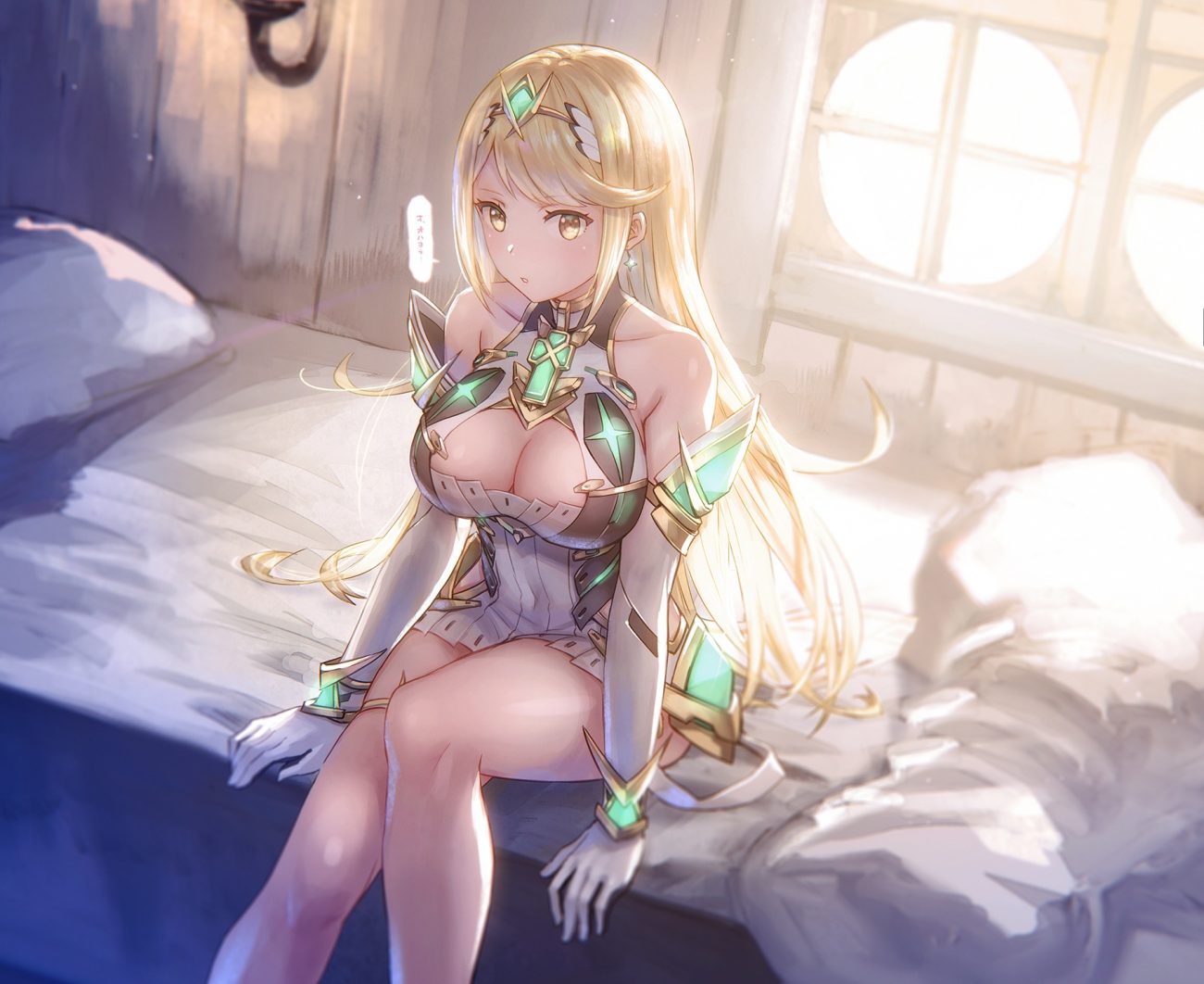 anbe yoshirou bed blonde hair breasts cleavage dress elbow gloves garter gloves headdress hikari (xenoblade) long hair xenoblade yellow eyes
