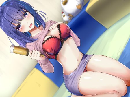 blue eyes blue hair blush bra breast hold breasts cleavage jpeg artifacts navel original panties shirt lift short hair skirt tenrai underwear