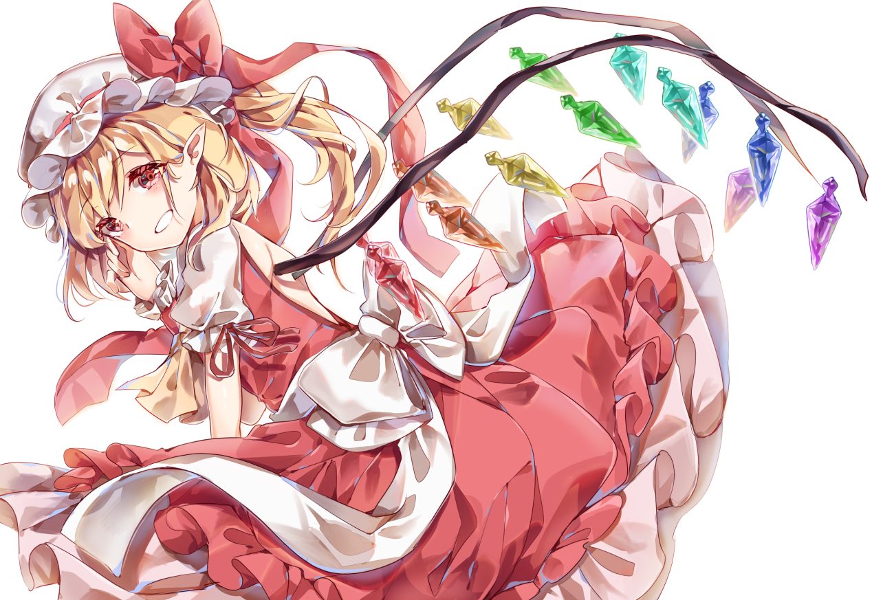 ayatsuki sugure blonde hair bow dress flandre scarlet hat pointed ears red eyes touhou vampire wings