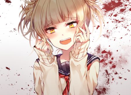 blonde hair blood boku no hero academia cropped school uniform short hair taya oco toga himiko yellow eyes