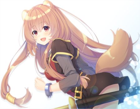animal ears blush brown hair long hair mizukoshi mayu pink eyes raphtalia sword tail tate no yuusha no nariagari weapon wristwear