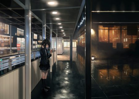 black eyes black hair headphones kagumanikusu kneehighs long hair original phone reflection scenic school uniform skirt