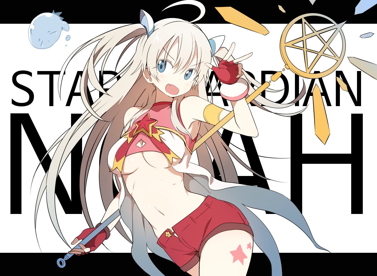 blonde hair blue eyes blush breasts bural chingu fang gloves luke (dydansgur) navel no bra park noah shorts staff tattoo twintails underboob