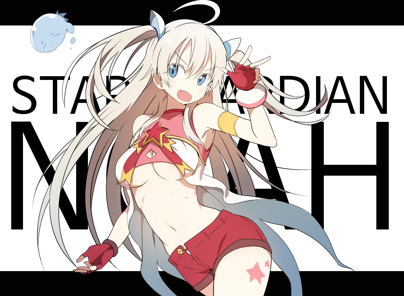 aliasing blonde hair blue eyes blush breasts bural chingu fang gloves luke (dydansgur) navel no bra park noah shorts tattoo twintails underboob