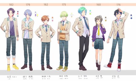 all male black eyes braids brown eyes brown hair gray hair green eyes green hair group headphones heiwa (murasiho) male necklace original pink eyes purple eyes school uniform short hair tie white wink yellow eyes