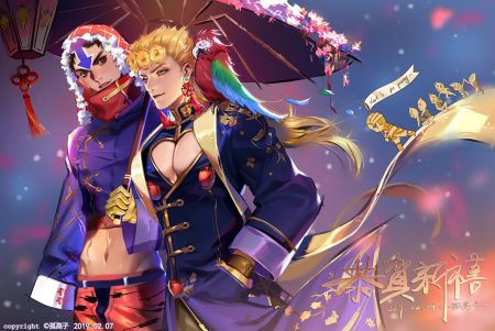 all male animal bird blonde hair brown hair giorno giovanna gloves green eyes greeny (maindo) guido mista hat jojo no kimyou na bouken logo male navel short hair umbrella watermark