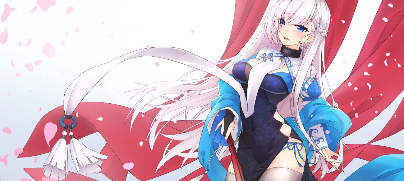 anthropomorphism ashisi azur lane belfast (azur lane) blue eyes braids breasts chinese clothes chinese dress collar dress fan gradient gray hair long hair petals thighhighs