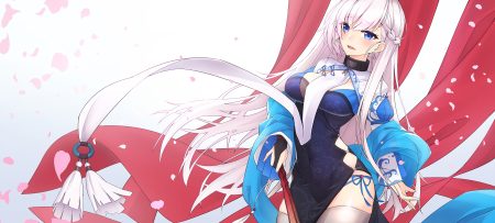 anthropomorphism ashisi azur lane belfast (azur lane) blue eyes braids breasts chinese clothes chinese dress collar dress fan gradient gray hair long hair petals thighhighs