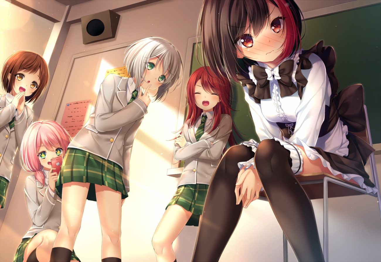 aoba moka bang dream! black hair blush bow brown eyes brown hair chiyonekoko cosplay gray hair green eyes group hazawa tsugumi kneehighs long hair maid mitake ran phone pink hair red eyes red hair school uniform short hair skirt thighhighs udagawa tomoe uehara himari