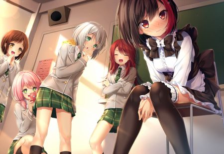 aoba moka bang dream! black hair blush bow brown eyes brown hair chiyonekoko cosplay gray hair green eyes group hazawa tsugumi kneehighs long hair maid mitake ran phone pink hair red eyes red hair school uniform short hair skirt thighhighs udagawa tomoe uehara himari