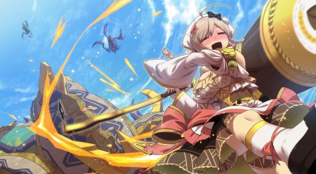 anthropomorphism blush braids breasts brown hair cleavage clouds dress flower knight girl headdress kneehighs mizunashi (second run) mugi (flower knight girl) short hair sky weapon