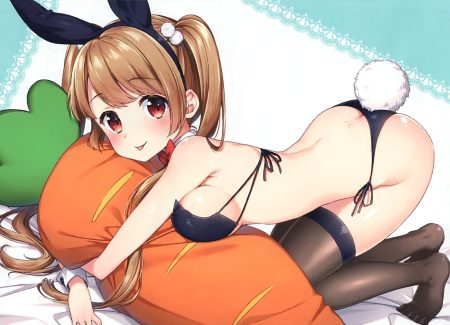 animal ears ass bikini blush breasts brown hair bunny ears bunnygirl headband long hair masuishi kinoto original red eyes scan swimsuit tail thighhighs twintails wristwear