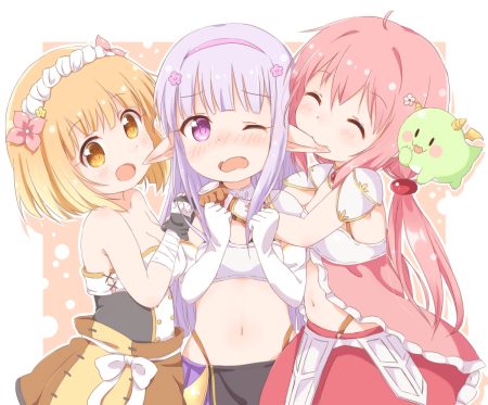 araki495 armor bandage blonde hair blush bow breasts cleavage cropped dragon elnowar seylan endro! fai fai gloves headband loli long hair navel pink hair pointed ears purple eyes purple hair rona pricipa o rabanesta short hair shoujo ai skirt twintails wink yellow eyes