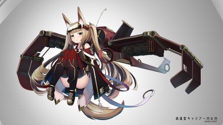 animal ears boots brown hair foxgirl gloves gradient green eyes loli long hair mechagirl natori youkai original tail thighhighs twintails watermark