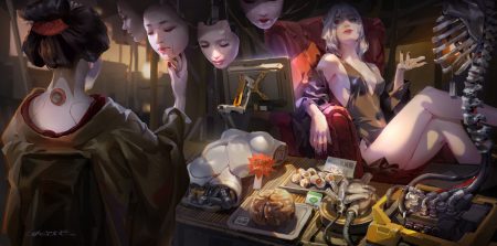 2girls black hair breasts dress erect nipples japanese clothes kimono original robot shengyi sun short hair signed techgirl white hair