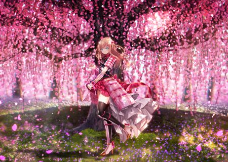 abandon ranka all male anthropomorphism aqua eyes armor blonde hair blush bow braids cherry blossoms dress flowers grass katana long hair male midare toushirou otoko no ko petals samurai sword thighhighs touken ranbu tree weapon