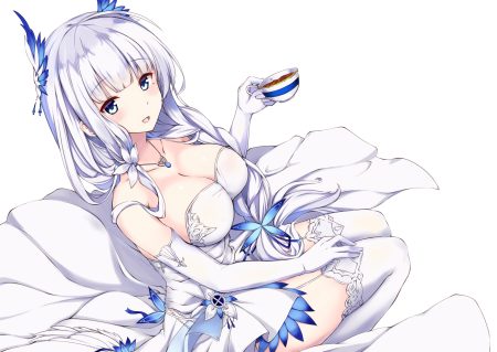 anthropomorphism aqua eyes azur lane braids breasts cleavage dress drink elbow gloves feathers garter belt gloves illustrious (azur lane) long hair mamizu necklace stockings thighhighs white white hair