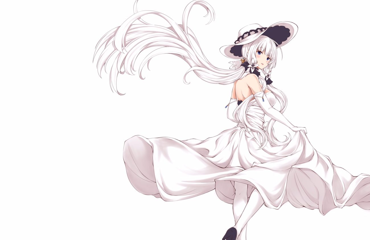 anthropomorphism azur lane blue eyes dress elbow gloves gloves hat illustrious (azur lane) long hair mamizu skirt lift stockings white white hair