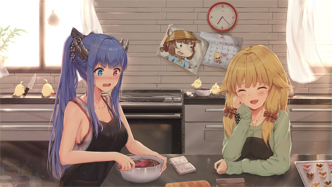 2girls animal anthropomorphism apron aurora (azur lane) azur lane bicolored eyes bird blonde hair blue hair blush book bow candy chocolate egg (zero0ix) horns ibuki (azur lane) knife long hair manjuu (azur lane) mutsuki (azur lane) necklace ponytail twintails valentine