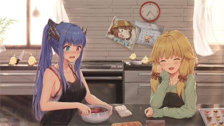 2girls animal anthropomorphism apron aurora (azur lane) azur lane bicolored eyes bird blonde hair blue hair blush book bow candy chocolate egg (zero0ix) horns ibuki (azur lane) knife long hair manjuu (azur lane) mutsuki (azur lane) necklace ponytail twintails valentine