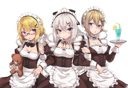 9a-91 (girls frontline) ak-74u (girls frontline) anthropomorphism apron aqua eyes as val (girls frontline) blonde hair blue eyes blush bow breasts brown hair cleavage corset drink girls frontline glasses gray hair headdress ivan wang long hair maid ponytail short hair teddy bear wristwear