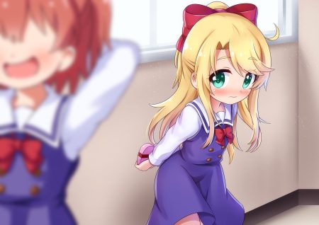 2girls blonde hair blush bow brown hair dress green eyes himesaka noa hoshino hinata loli long hair morokoshi (tekku) ponytail school uniform short hair shoujo ai valentine watashi ni tenshi ga maiorita!