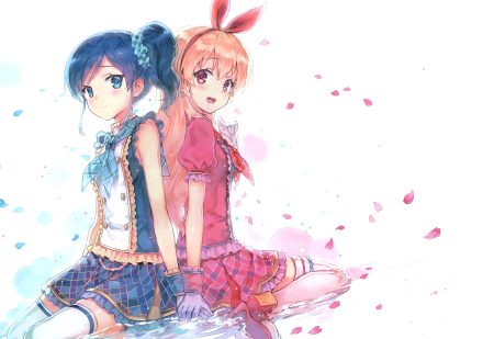 aikatsu! blonde hair blue hair headband hiten (hitenkei) hoshimiya ichigo kiriya aoi long hair petals ponytail scan signed skirt thighhighs water wristwear