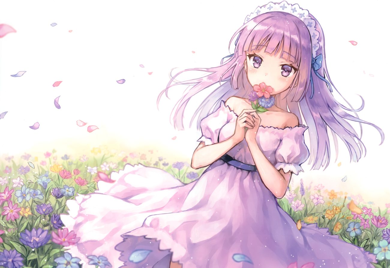 aikatsu! dress flowers hikami sumire hiten (hitenkei) long hair petals purple eyes purple hair scan