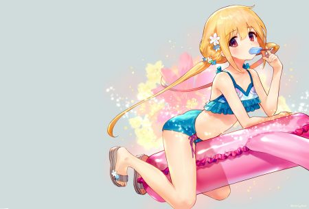 ainy77 bikini blonde hair brown eyes flat chest futaba anzu idolmaster idolmaster cinderella girls long hair popsicle signed swim ring swimsuit twintails