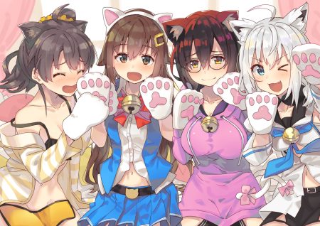 animal ears aqua eyes bell black hair blush bow bra breasts brown eyes brown hair catgirl cat smile cleavage cosplay dress fang glasses gloves gray hair group hololive hood natsuiro matsuri navel open shirt roboco-san shirakami fubuki short hair tail tokino sora tonari no kai keruberosu underwear wink yellow eyes