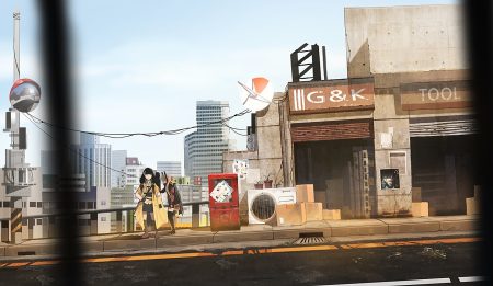 2girls anthropomorphism black hair brown eyes building city girls frontline ihobus kneehighs m4 sopmod ii (girls frontline) mirror reflection ro635 (girls frontline) scenic skirt sky twintails