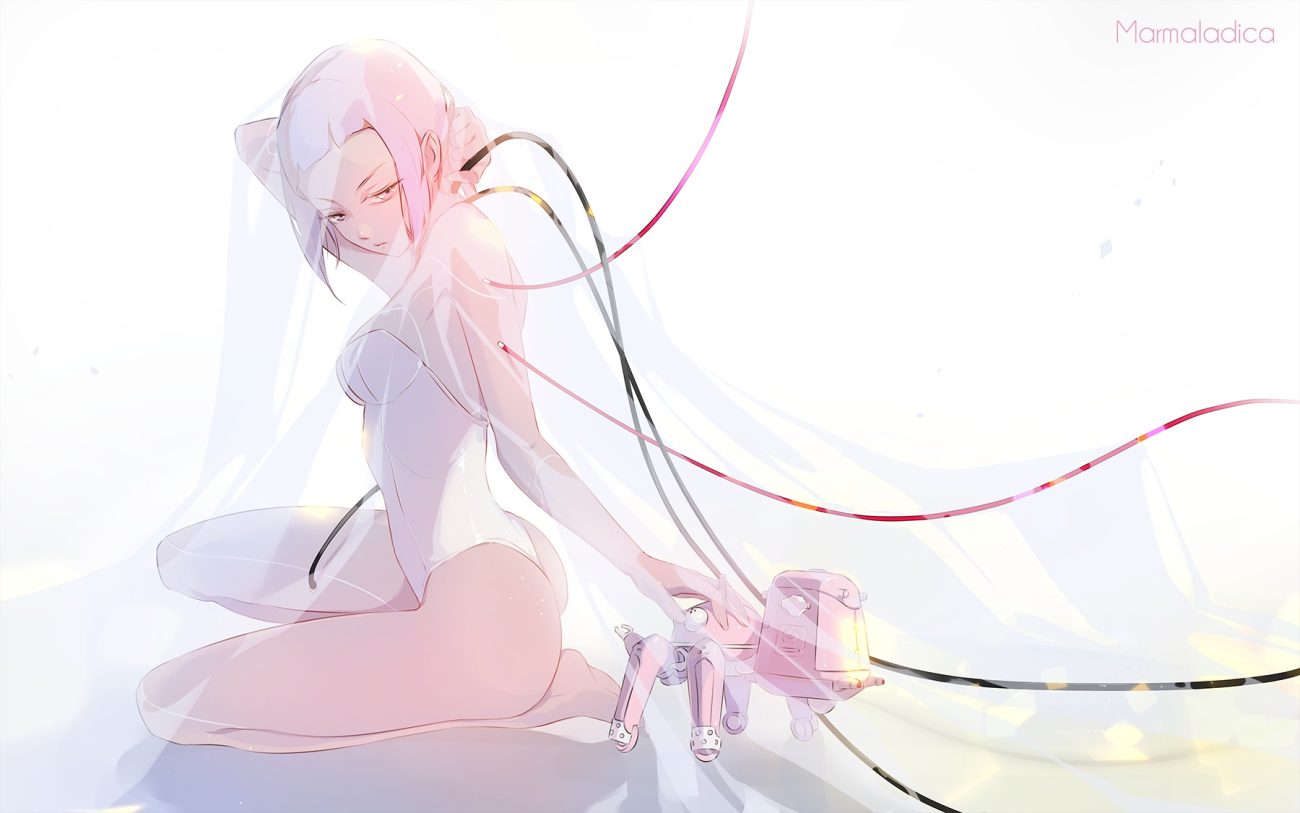 ass barefoot bodysuit breasts ghost in the shell kusanagi motoko marmalade (elfless vanilla) pink eyes pink hair robot short hair tachikoma techgirl