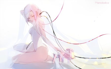 ass barefoot bodysuit breasts ghost in the shell kusanagi motoko marmalade (elfless vanilla) pink eyes pink hair robot short hair tachikoma techgirl