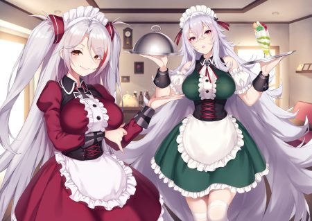 2girls anthropomorphism apron azur lane breast hold breasts corset dress food fruit graf zeppelin (azur lane) gray hair headdress ice cream long hair maid manjuu (azur lane) orange eyes pokachu prinz eugen (azur lane) red eyes strawberry thighhighs twintails wristwear