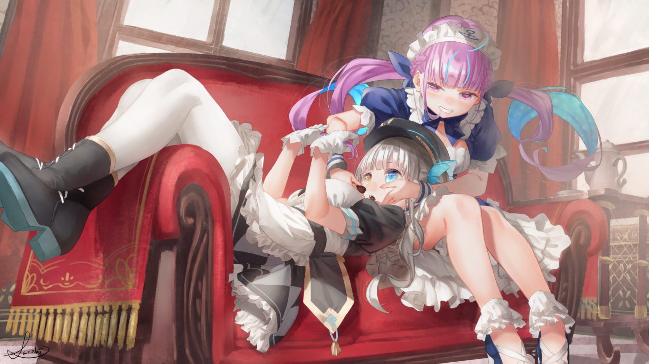 2girls bicolored eyes candy chocolate couch gray hair hat headdress hololive kagura gumi kagura mea long hair maid minato aqua purple eyes purple hair saraki signed twintails