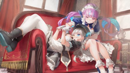 2girls bicolored eyes candy chocolate couch gray hair hat headdress hololive kagura gumi kagura mea long hair maid minato aqua purple eyes purple hair saraki signed twintails