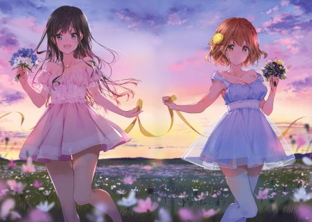 2girls adagaki aki blue eyes braids breasts brown hair cleavage clouds dress flowers koiwai yoshino long hair masamune-kun no revenge orange eyes orange hair ribbons scan see through short hair sky sunset thighhighs tiv