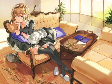 apron blonde hair braids breast hold breasts cleavage couch flowers garter belt headdress koiwai yoshino maid masamune-kun no revenge scan short hair skirt lift stockings thighhighs tiv yellow eyes