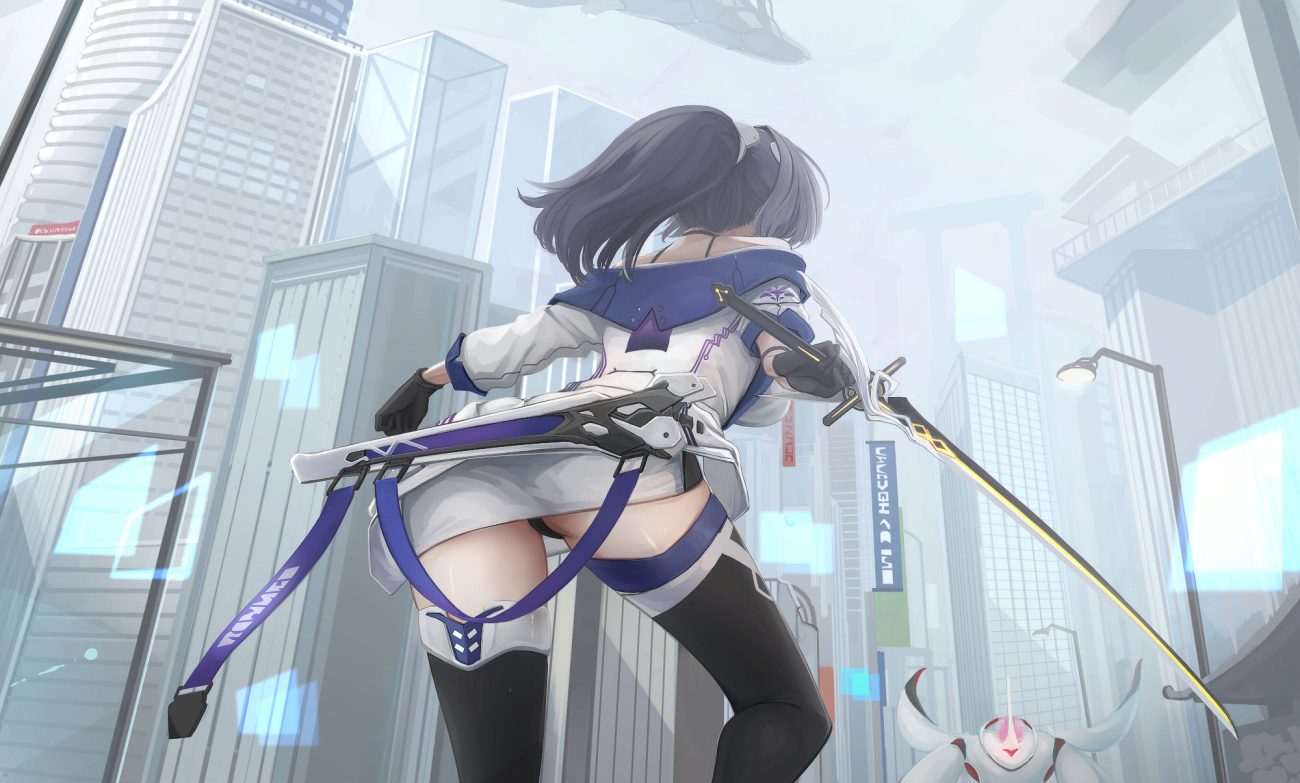 aliasing ass black hair building choker city gloves honkai impact honkai (series) kikivi long hair panties ponytail raiden mei skirt sword thighhighs underwear weapon