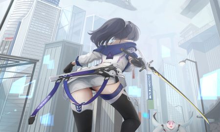aliasing ass black hair building choker city gloves honkai impact honkai (series) kikivi long hair panties ponytail raiden mei skirt sword thighhighs underwear weapon