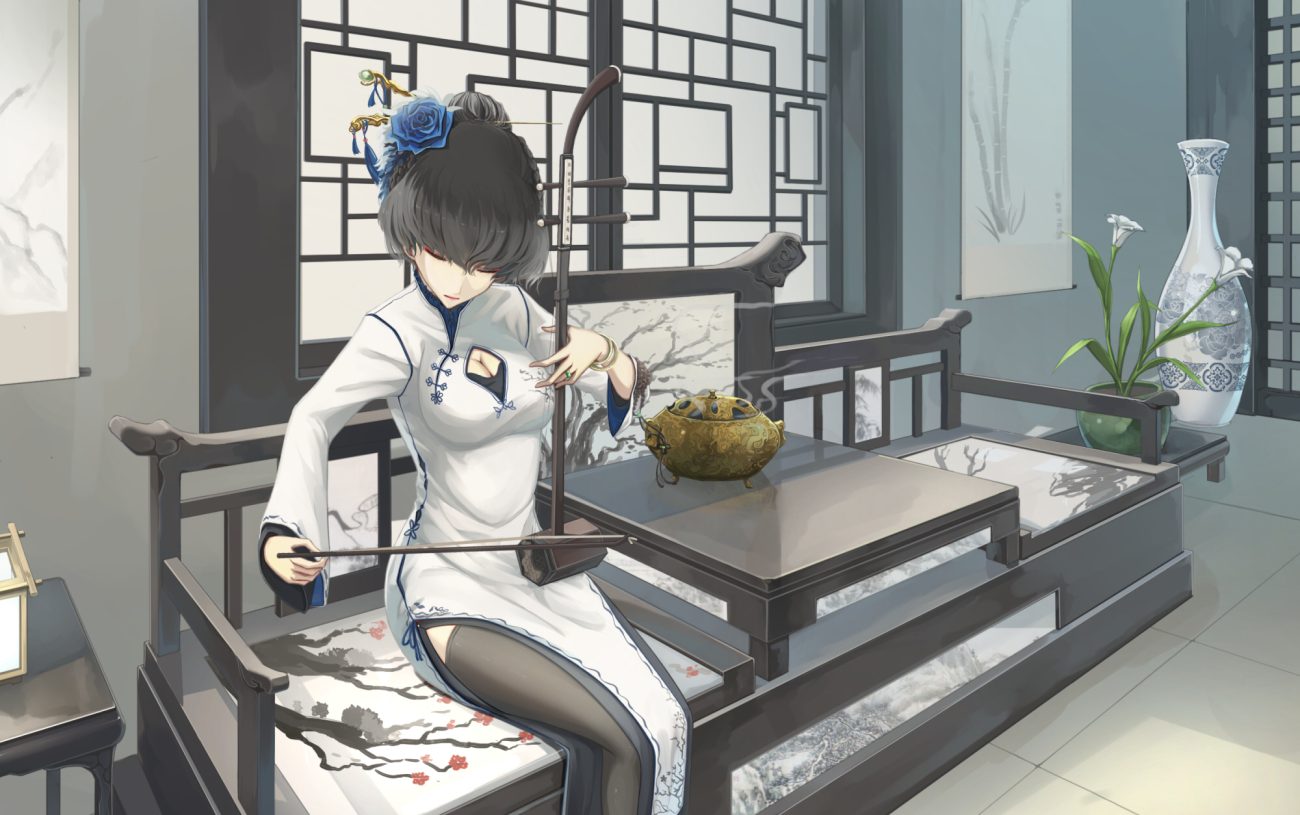 black hair breasts chinese clothes chinese dress cleavage dress flowers instrument kikivi original short hair thighhighs