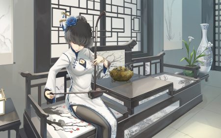 black hair breasts chinese clothes chinese dress cleavage dress flowers instrument kikivi original short hair thighhighs