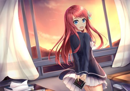 blue eyes book clouds dress long hair minamoto sakura muwa12 red hair school uniform skirt sky sunset zombie land saga