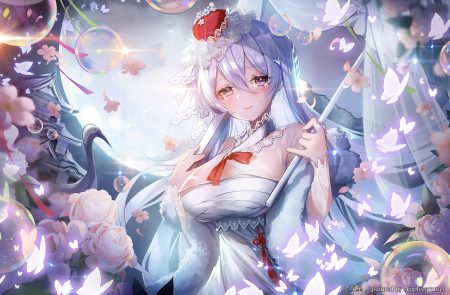 animal applecaramel (acaramel) bandage bird breasts bubbles building butterfly fan flowers hat headdress long hair moon original purple eyes purple hair sarashi tears umbrella underwear watermark