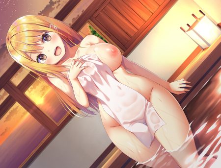 asa no ha bath blonde hair blush breasts brown eyes clouds jpeg artifacts long hair nipples nude original sky stars sunset towel water whisp