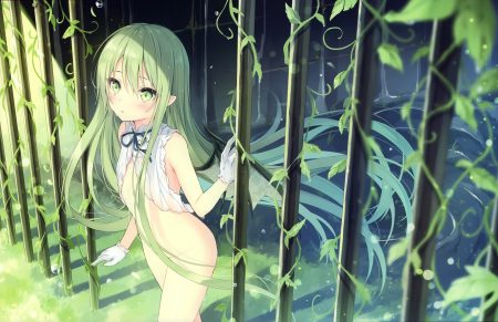 bottomless cropped flat chest gloves green green eyes green hair leaves long hair original pointed ears rurudo scan wings