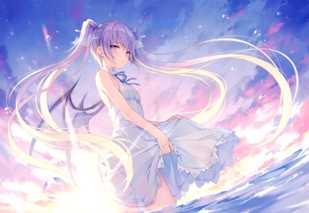 blush clouds demon dress long hair original purple eyes purple hair rurudo scan see through skirt lift sky summer dress twintails water wet wings