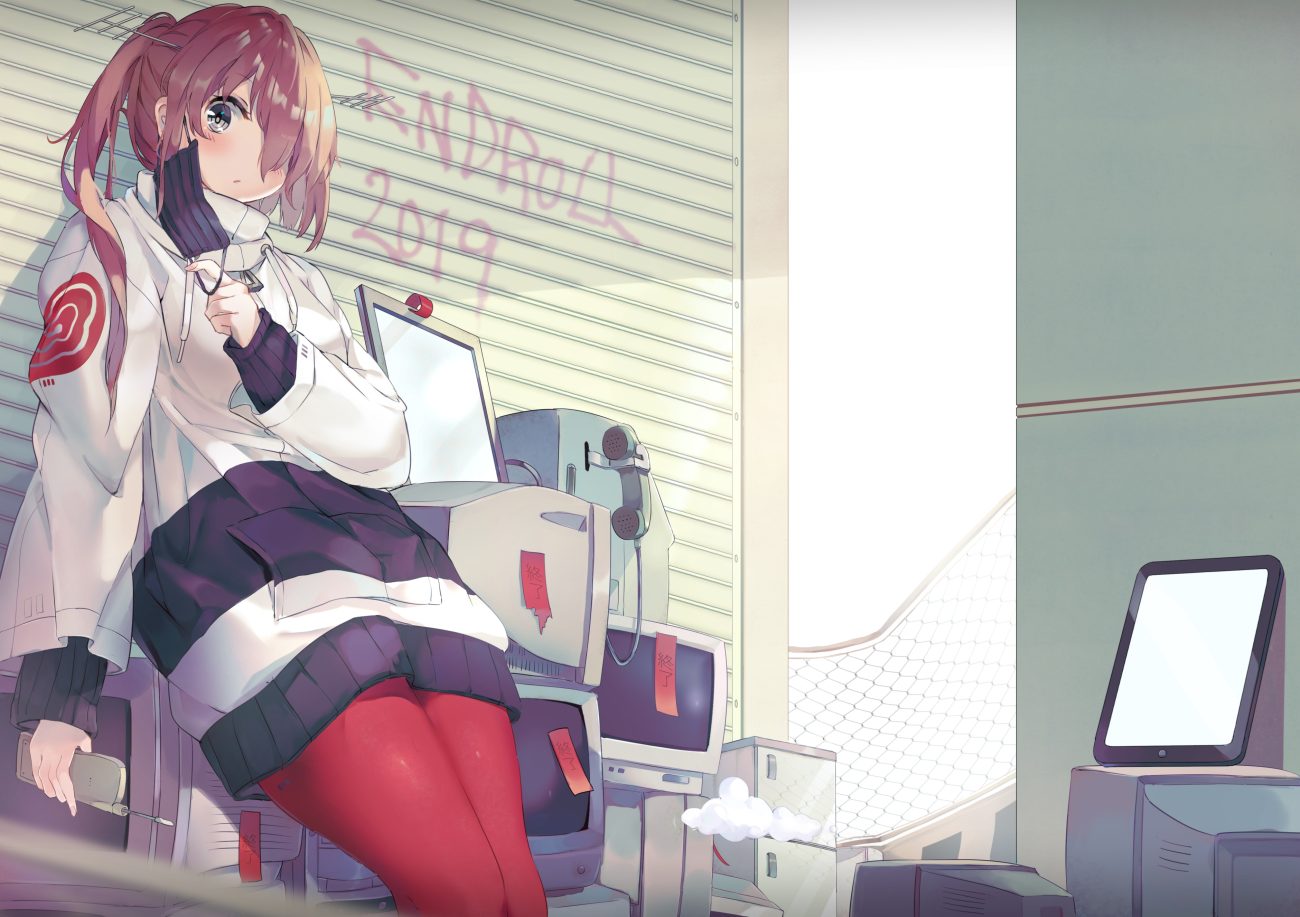 brown hair computer graffiti gray eyes long hair mask original pantyhose phone ponytail soranagi yuki