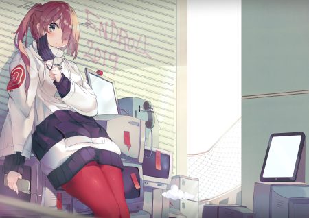 brown hair computer graffiti gray eyes long hair mask original pantyhose phone ponytail soranagi yuki